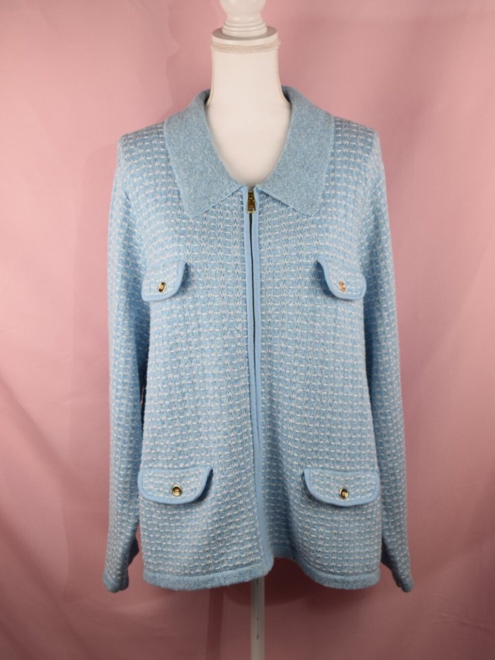 Talbots Blue Knit Dash Stripe Collared Zip-Up Sweater Jacket | Size 3X (Plus)